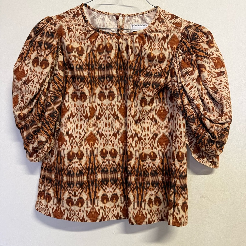 Autumn Adeigbo Brown and Cream Puff-Sleeve Ikat Blouse